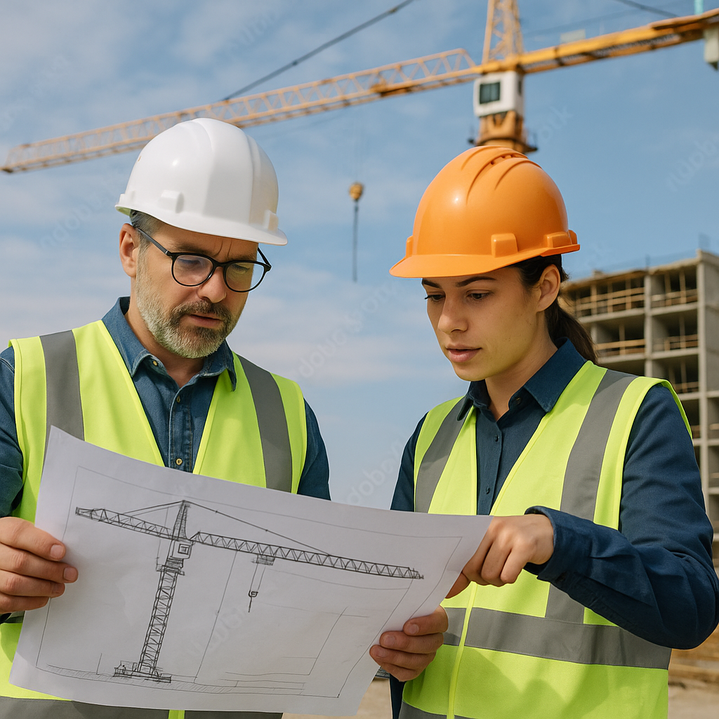 Ingenieros revisando planos de una grúa